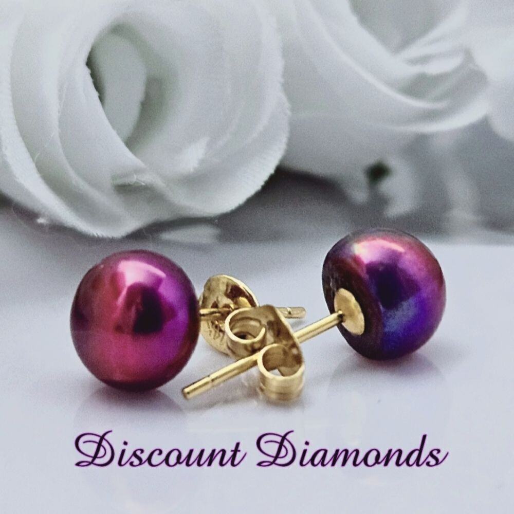 Natural Rose South Sea Pearl Stud (Post) Earrings 8/9 mm Solid 14K Yellow Gold